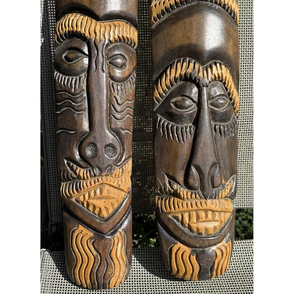 VTG Hand Carved Wood Tribal Wall Plaques Pair 36